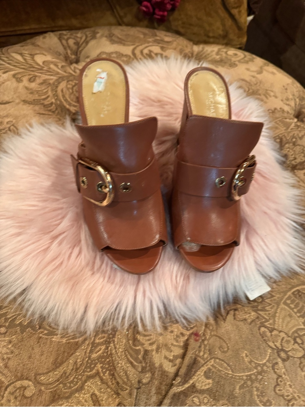Michael Kors Brown Leather Open-Toe Buckle Mules